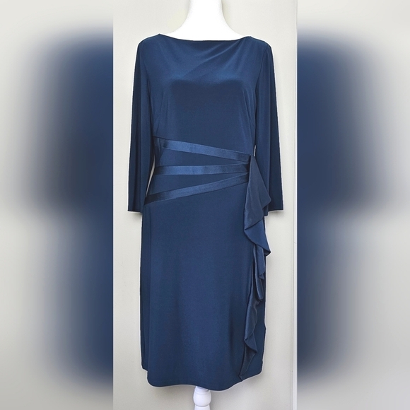 NWOT Chaps Satin Ruffle Sheath Dress | DARK Teal | MEDIUM - Picture 1 of 6